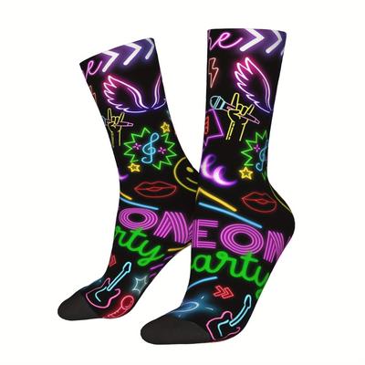 TEMU 1 Pair Men's Socks, Vintage Hip Hop Novelty Pattern, Polyester & Elastane, Hand Wash Or , Random Printed Crew Socks, Gift Idea Image