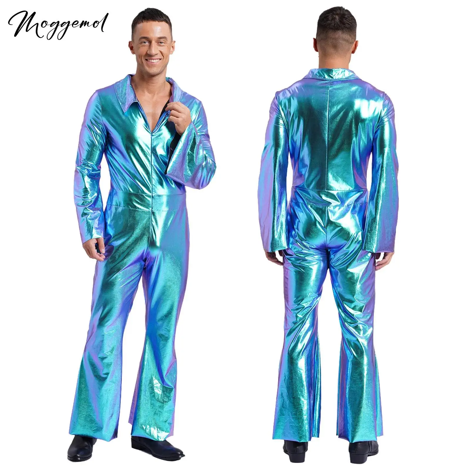 Herren-Overall, glänzend, metallisch, Rock, Disco, Hippies, Cosplay-Kostüme, Halloween, 70er-Jahre, 80er-Jahre, Hippies, Tanz-Outfits, Party, Kostüm Image