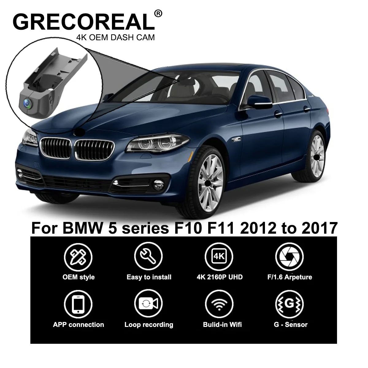 GRECOREAL 4K Dash Cam vorne und hinten 2160P WiFi Auto Dual Dashcam APP Control Plug Play kompatibel mit BMW 5er F10 F11 Image