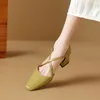 Neue Sommer Damen Sandalen Square Toe Chunky Heel Schuhe Split Lederschuhe für Frauen elegante beige