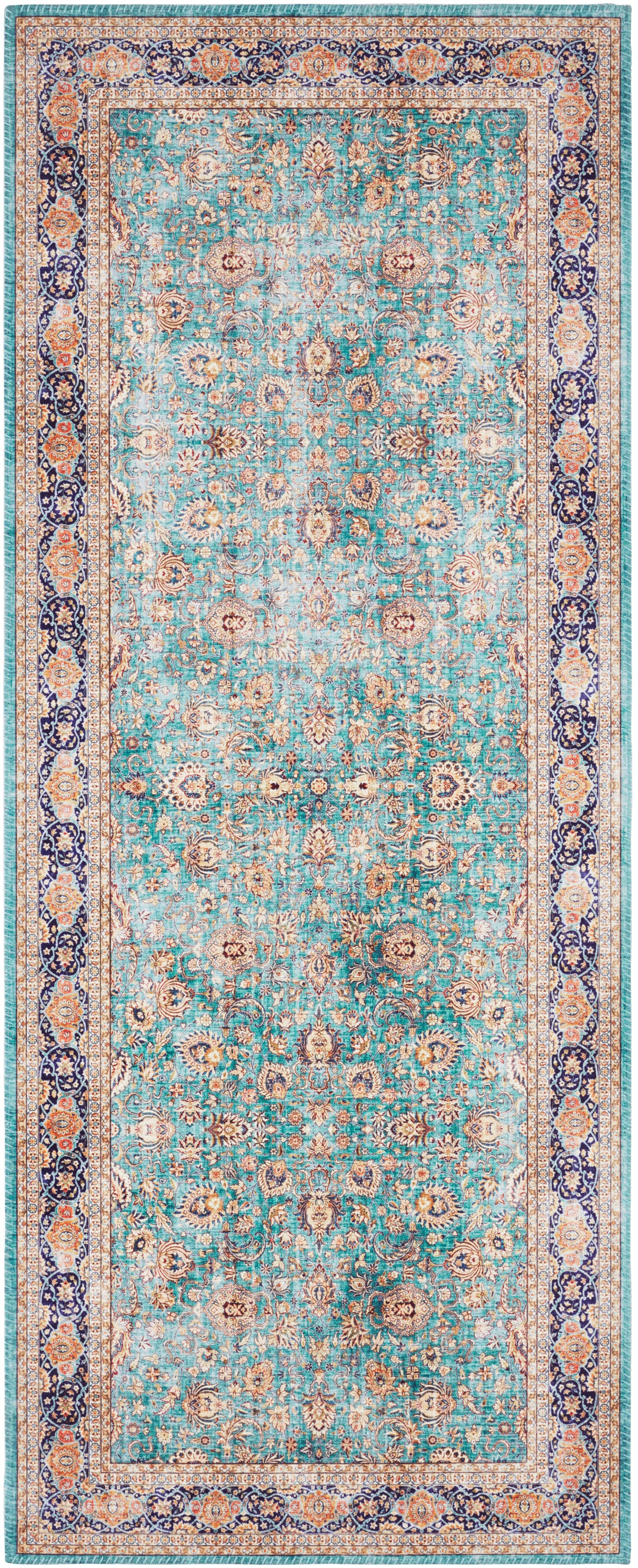 Teppich ELLE DECORATION "Keshan Maschad" Gr. 12, grün (jade), B:80cm H:5mm L:200cm, Polyester, Teppiche, Orientalisch, Läufer, Kurzflor, Vintage, Wohnzimmer, Schlafzimmer Image