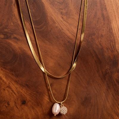Lucky Brand Layered Herringbone Pearl Necklace - Women's Ladies Accessories Jewelry Necklace Pendants in Gold