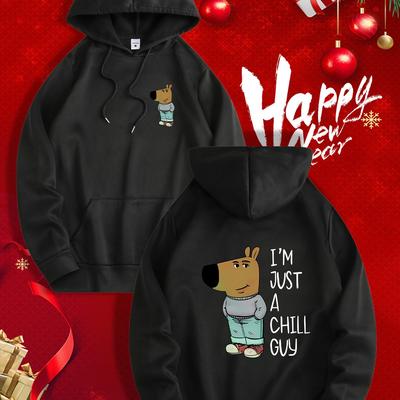 "TEMU Green Cartoon Dog Hoodie - Cozy Polyester Casual Sweatshirt With Drawstring & "i'm Just A " Print, Machine Washable - Ideal New Year Gift For Men" Image
