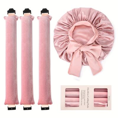 TEMU Ellitina 4pcs Heatless Curling Set - No Heat Overnight Curling Rod & Satin Bonnet | Spring/summer Waves, Sleep-friendly Diy Styling Kit For All Hair Types | Fit & Nice Day Gift (luxury Satin) Image