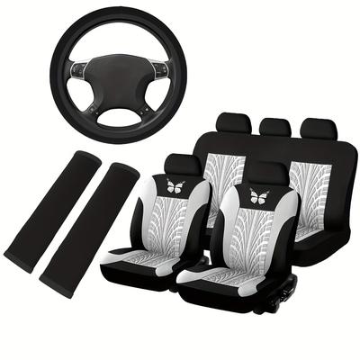 TEMU Butterfly-embossed Style Car Interior Set - Polyester Steering Wheel Cover, 2 Seat Belt Pads And 9-piece Seat Cover Bundle, Non-filled Universal Fit Accessories Image