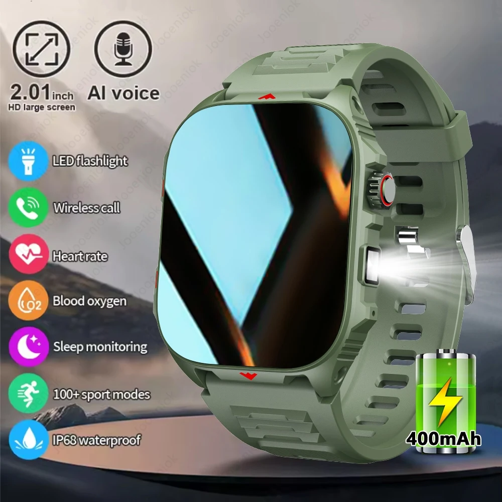 400 mAh robuste Militär-Smartwatch mit LED-Taschenlampe, HD-Bildschirm, Bluetooth-Anruf, wasserdichte Outdoor-Smartwatch, 2025, Neu Image