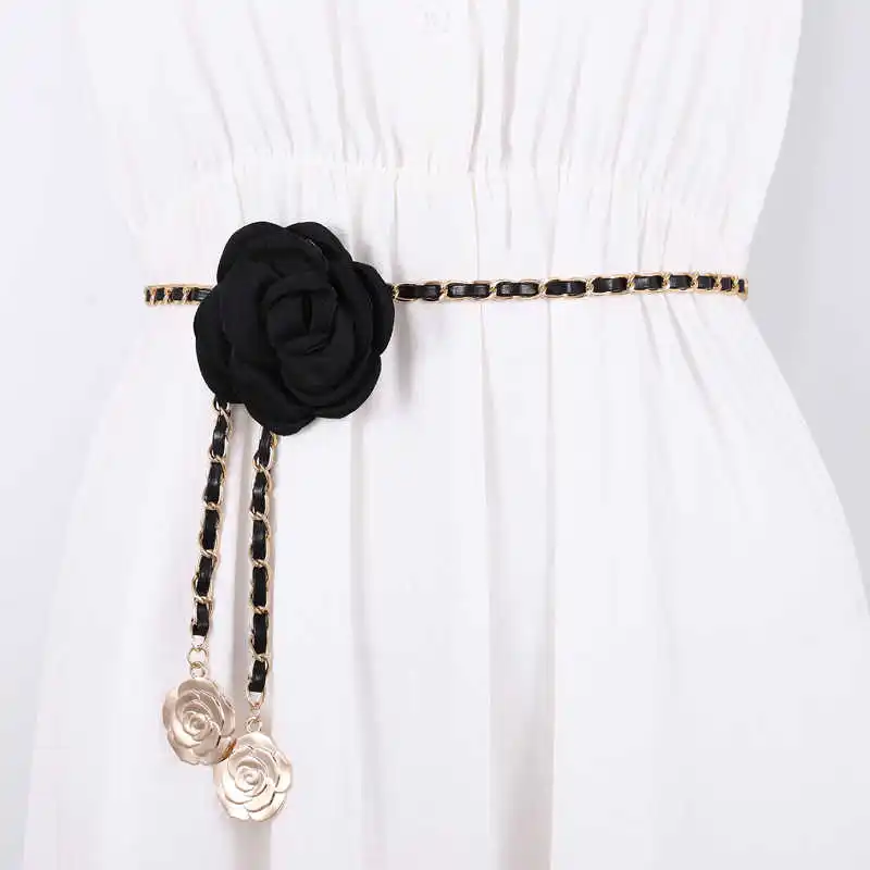 1 Stück Kamelienblüten-Taillenkette, dekoratives Damen-Accessoire für Pullover, Kleid, mit Metallkette und großen Blumendetails, verstellbar Image