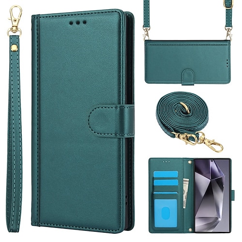Handy Hülle Handyhüllen Für Samsung Galaxy S25 S24 S23 S23 FE S22 S21 Ultra Plus A55 5G A35 5G A25 A15 Brieftaschenhülle Vollschutz mit Trageriemen Mit Handgelenkschlaufe Retro TPU PU-Leder Image