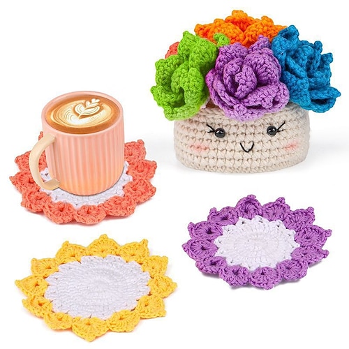 Häkelset für Anfänger, 6-teilig, Untersetzer, Häkel-Starterset, Blumentopf, Strickzubehörset mit Schritt-für-Schritt-Videoanleitungen, Häkelgarn für Erwachsene, DIY-Geschenk Image
