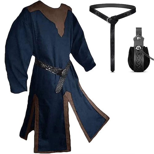 Set mit Wikinger-Mittelalter-Tunika, Hemd, Gürteltasche, 3-teilig, Piraten-Outfits, Vintage-Renaissance, 17. Jahrhundert, Krieger, Ritter, Ritter, Herren-Vintage-Cosplay-Kostüm, Event, Party, Bühne, Image