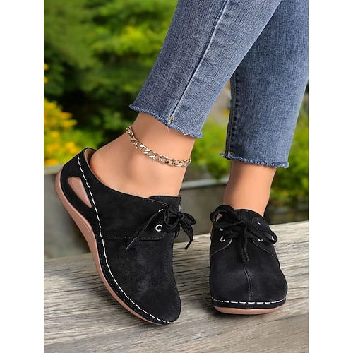 Damen Pantoletten mit perforiertem Keilabsatz, weicher Sohle und Ziernähten – lässige Vintage-Schuhe für den Alltag und Outdoor-Aktivitäten Image