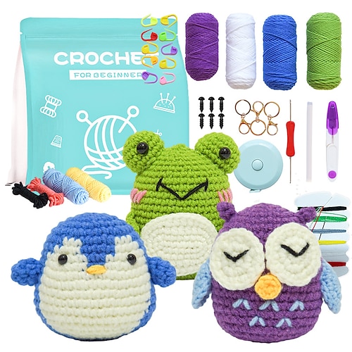 Weihnachts-Häkelset für Anfänger 3 Muster Tiere-Eule Pinguin Frosch Strickset für Erwachsene Kinder mit Schritt-für-Schritt Videoanleitungen und Garn-Haken-Zubehör Weihnachtsgeschenk Image
