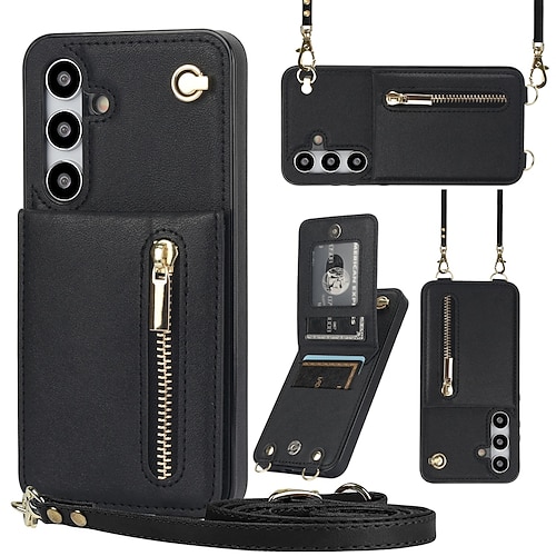 Handy Hülle Handyhüllen Für Samsung Galaxy S26 Ultra Plus S25 S24 S23 S22 S23 FE S21 Ultra Plus S20 Rückseite Brieftaschenhülle Reisverschluss mit Trageriemen Ständer Retro TPU PU-Leder Image