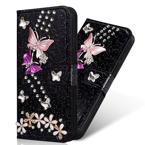 Handy Hülle Handyhüllen Für Samsung Galaxy S26 Ultra Plus S25 S24 S23 S22 S21 FE S21 Ultra Plus S20 A55 5G A35 5G Brieftaschenhülle Strass Magnetisch Glitzer Glanz Schmetterling Glitzernd PU-Leder Image