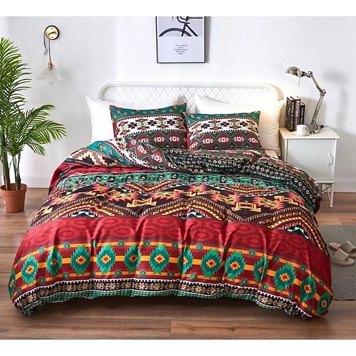 Bettbezug mit Blumenmotiv im Boho-Stil in voller Größe, Bettwäscheset mit böhmischen Linien, Bettsets mit aztekischen Linien, geometrischer Bettbezug, weicher, leichter Bettbezug mit 2 Kissenbezügen für den Sommer und Frühling Image