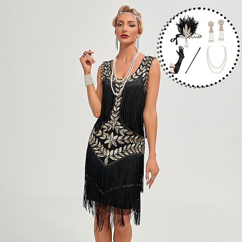 Setsmit Flapper-Kleid, Feder-Stirnband, Handschuhen, Halskette, 4 Stück, Roaring 20s, 1920er-Cocktailkleid, Maskerade, The Great Gatsby, Pailletten, Quaste, Fransen, Kostüme, Damenbekleidung, Image