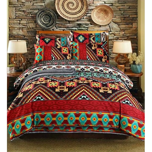 Bettbezug mit Blumenmotiv im Boho-Stil in voller Größe, Bettwäscheset mit böhmischen Linien, Bettsets mit aztekischen Linien, geometrischer Bettbezug, weicher, leichter Bettbezug mit 2 Kissenbezügen für den Sommer und Frühling Image