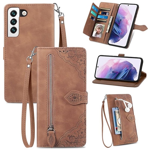 Handy Hülle Handyhüllen Für Samsung Galaxy S25 S23 S22 S21 FE S21 Ultra Plus A34 A54 A33 A13 S20 Brieftaschenhülle Flip Reisverschluss Mit Handgelenkschlaufe Einfarbig PU-Leder Image