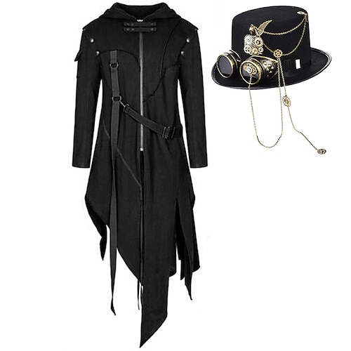 Set mit Trenchcoat, Steampunk-Zylinder, Hut mit abnehmbarer Schutzbrille, 2-teiliges Herren-Outfit, Punk, Gothic, Mittelalter, Pest, Arzt, lässig, täglich, Cosplay, Kostüm, Karneval, Herbst, Winter Image