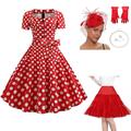 Set mit A-Linien-Kleid, Petticoat unter dem Rock, Fascinator, Hut, Spitzenhandschuhen, Ohrringen, Halskette, Damen-Cocktailkleid im 50er-Jahre-Stil, Vintage-Partykostüm, ausgestelltes Kleid,