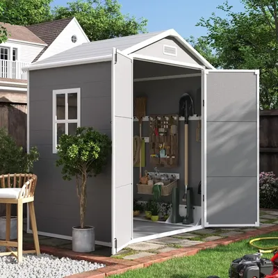 Outdoor Resin Storage Shed 6x4.5 FT, Plastic Garden Sheds for Bike, Garbage Can, Tool, Outside Sheds