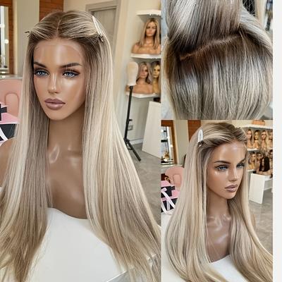 TEMU Rongduoyi Elegant Blonde Lace Front Wig For Women - 13x4 Straight Synthetic Hair, Pre-plucked, Heat Resistant Fiber, Glueless Set, High Density 180% Image