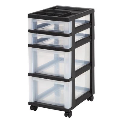 Iris Plastic 4-Drawer Rolling Storage Cart, 26 7/16"h X 12 1/8"w X 14 15/16"d, Clear/black