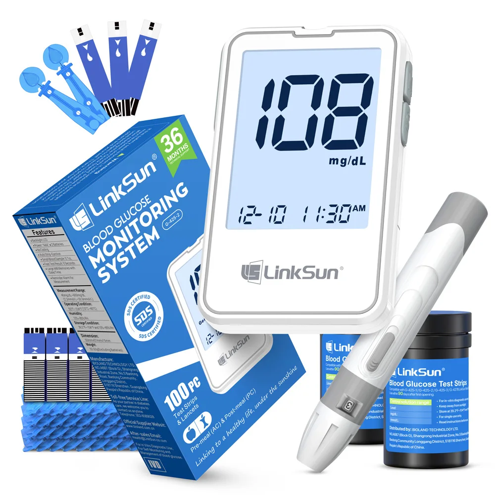 Linksun Blutzuckermessgerät G-425-2 50/100 Teststreifen Glukosemeter Digitales Diabetes-Testkit Blutzuckerüberwachungssystem Image
