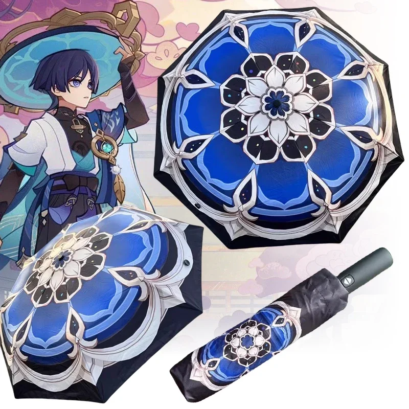 Genshin Wanderer Anime-Regenschirm, winddicht, UV-blockierend, schwarzer Sonnenschirm, Genshin Impact Balladeer Regenschirme, automatischer Regenschirm Image