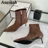 Aneikeh Herbst Winter Spitz Stiefeletten Designer Vintage Dünne Niedrigen Ferse Frauen Schuhe Kurze Moderne Botas Zapatos De Mujer