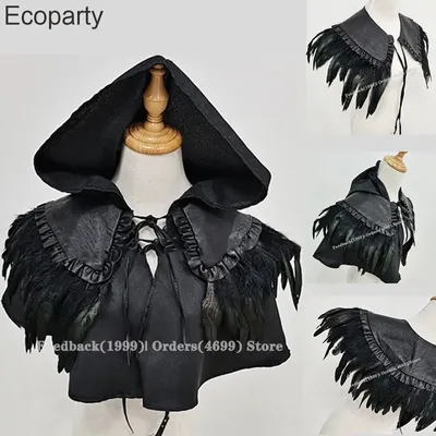 Neue mittelalter liche Vintage Feder Schal Männer Frauen schwarz gotischen Ritter Elf Kapuze Umhang Leder umhang Halloween Party Cosplay Kostüm Image
