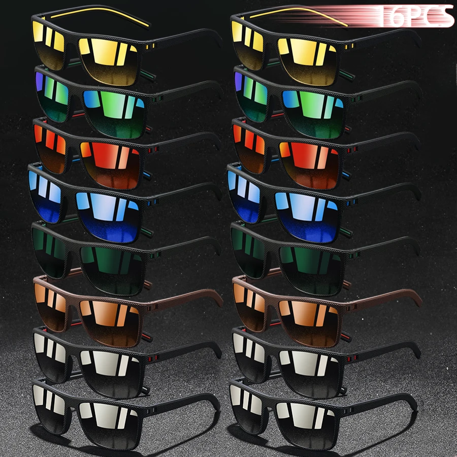 16-teiliges Set Vintage-Sonnenbrillen mit Karomuster für Herren und Damen, zum Angeln, Autofahren, modisches quadratisches Markendesign Image