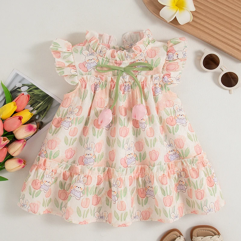 Sommer Neues Cartoon Kleines Weißes Kaninchen Baby Mädchen Kleid, Rosa Tulpe Kinder Ärmellose Kleidung (9 Monate -4 Jahre alt) Image