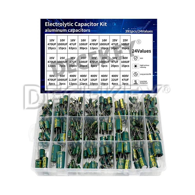 391-teiliges Hochfrequenz-Elektrolytkondensator-Set, 24 Werte, 10 V, 16 V, 25 V, 35 V, 50 V, 400 V, für TV-LCD-Monitor, Spiel Image
