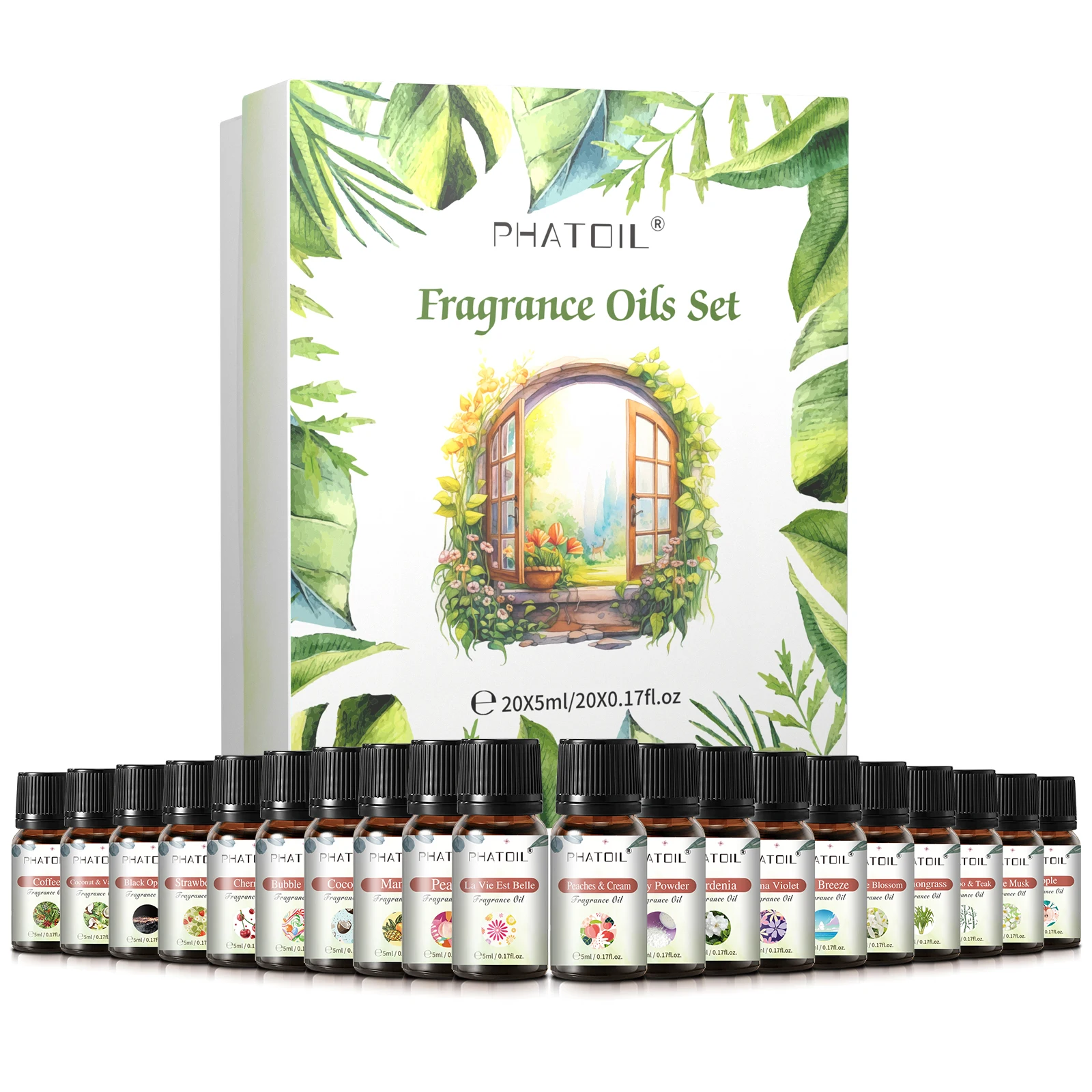 PHATOIL 20-teiliges Duftöle-Set für die Herstellung von Diffusor-Kerzen, 5 ml, Kokosnuss und Vanille, weißer Moschus, Mango-Aromaöle für die Aromatherapie Image