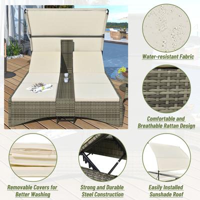 Patio Daybed Outdoor Daybed Rattan Sun Lounger with Shelter Roof with Adjust Backrest, Storage Box and 2 Cup Holders for Patio