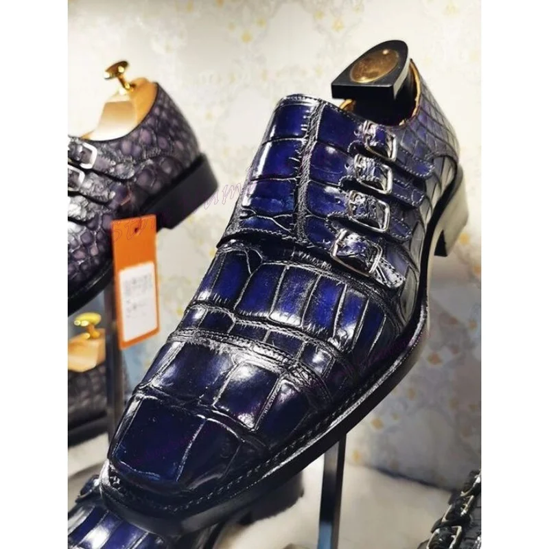 Blaue Krokodil Riemchens chnalle Herren Slipper klobige Absätze Luxus Kleid Schuhe für Männer Business Party Schuhe Zapatos Para Hombres Image