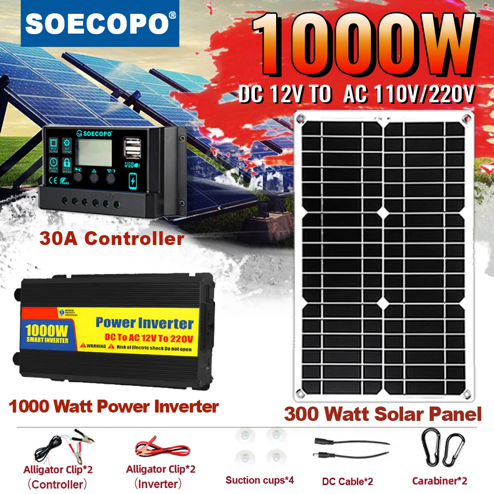 1000 W komplettes Solar-Off-Grid-System – Solarmodule, 1000 W Wechselrichter und 30 A-Controller für Wohnmobile zu Hause und Camping DC 12 V bis 220 V Image