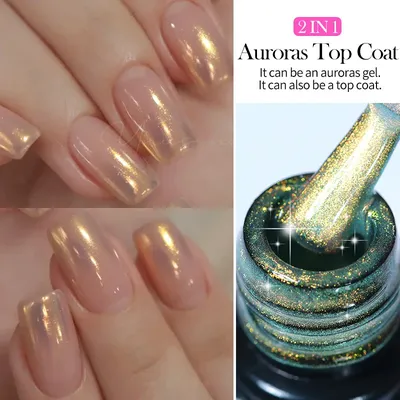 LILYCUTE 7ML Gold Aurora Glitter Top Coat Gel Nagellack Funkelndes, glänzendes, wunderschönes Effekt Soak Off Nail Art Base Top Coat Gel