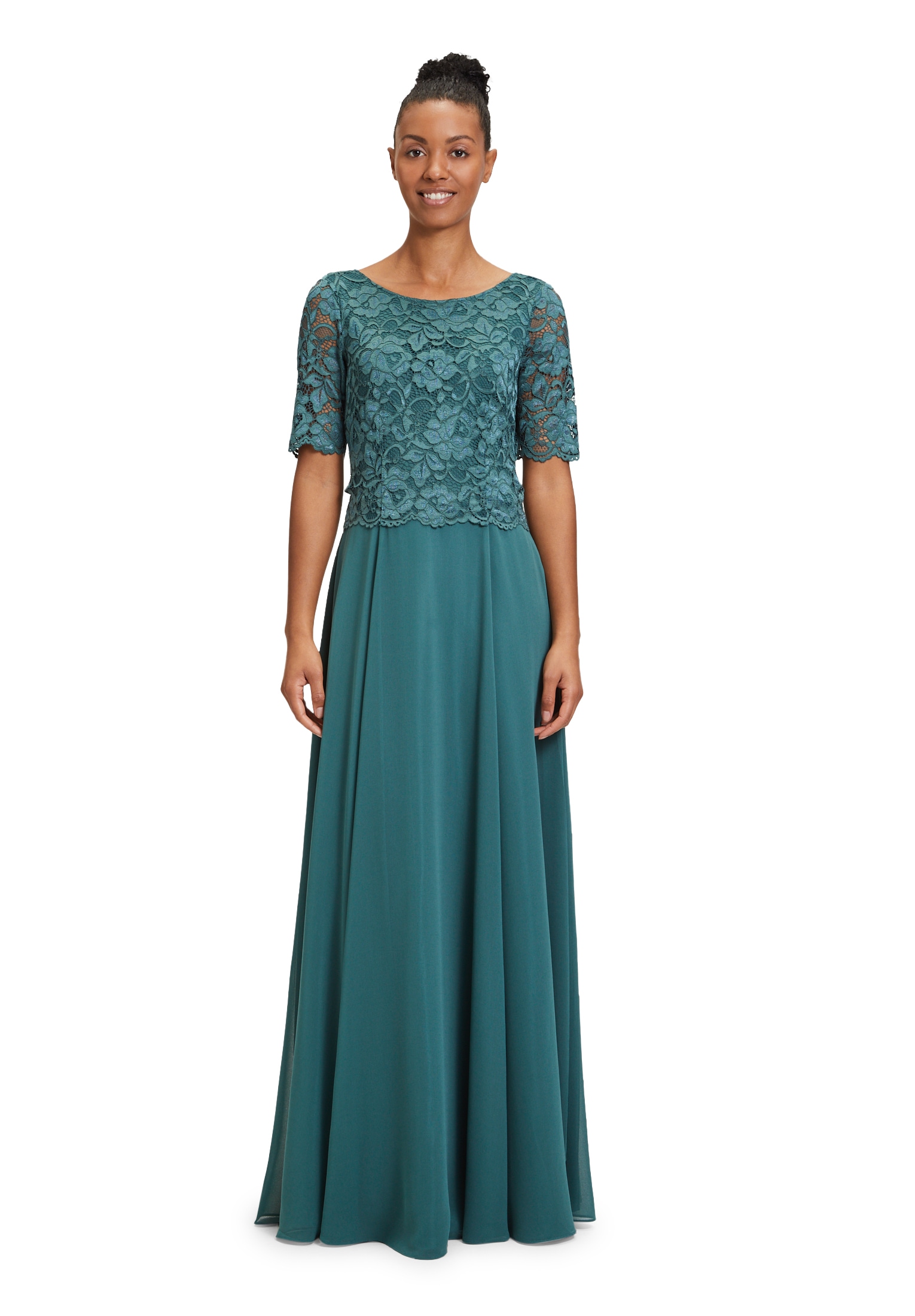 Abendkleid VERA MONT "Damen Abendkleid mit Spitze", Damen, Gr. 44, Normalgrößen, grün (schwarz emerald), Obermaterial: 100% Polyester. Futter: 100% Polyester., ausgestellt lang, Rundhals, Kleider, Spitze Image