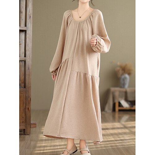 Damen Maxikleid Baumwoll Mischung Shiftkleid Freizeitkleid Basic Lässig Täglich Urlaub Normale Passform Einfach Langarm V Ausschnitt Schwarz Aprikose Sommer Image