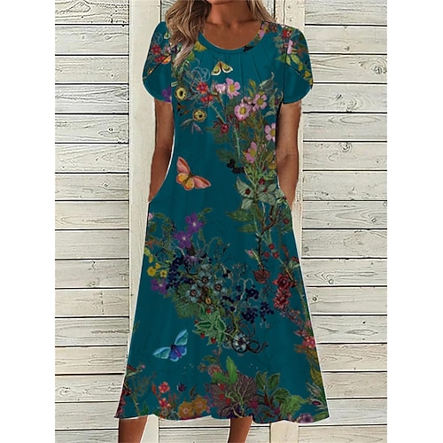 Damen Midikleid Freizeitkleid A Linie Kleid Elegant Vintage Stilvoll Laternenärmel Urlaub Täglich Herbstkleid Normale Passform Blumen Kurzarm Rundhalsausschnitt Weiß Hellgrün Grün Dunkelblau Frühling Image