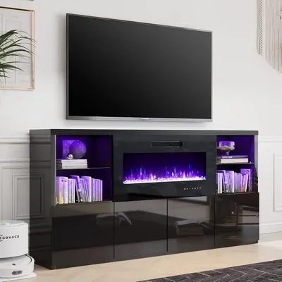 Fireplace TV Stand for TVs up to 75", Modern High Gloss Entertainment Center with 40" Fireplace, 4