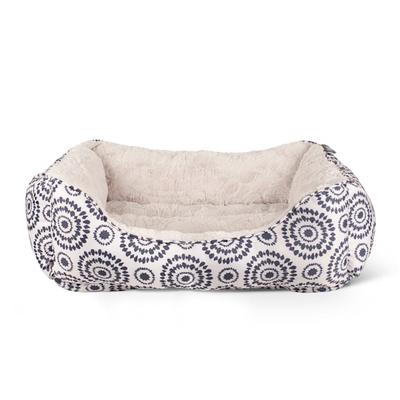 PetShop by Fringe Studio Ink Medallion Cream Rectangular Cuddler Pet Bed, 29" L X 24" W X 9" H, Blue, Large