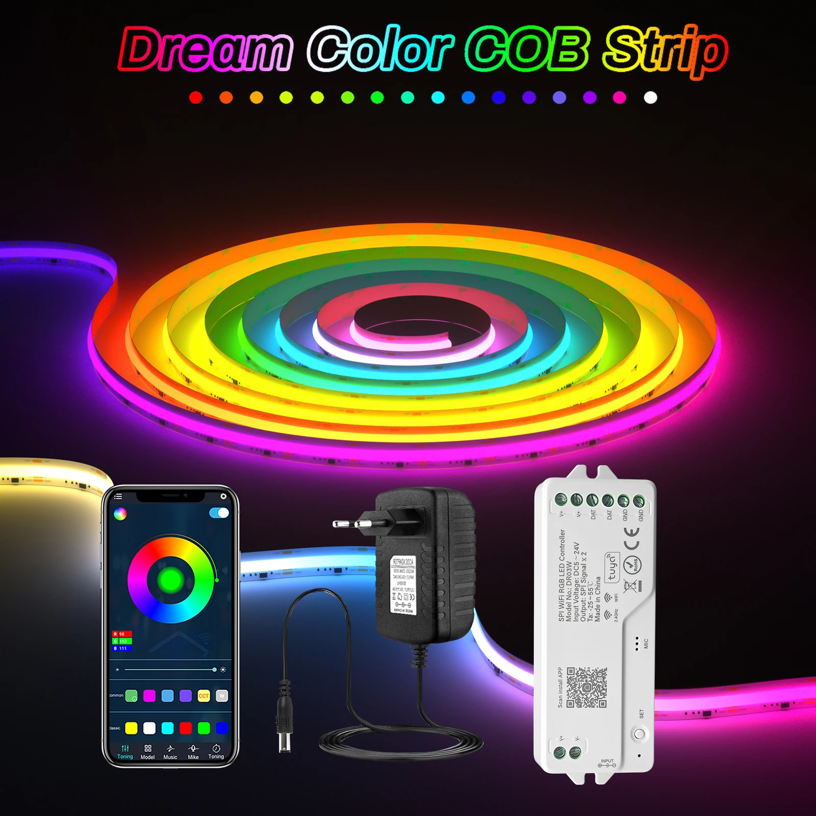 RGBIC COB LED-Streifen, adressierbares Tuya-WLAN-LED-Band, WS2811 Pixel, LED-Band, unterstützt Alexa Google Home, 5 m, 10 m, 15 m, 20 m, 25 m Image