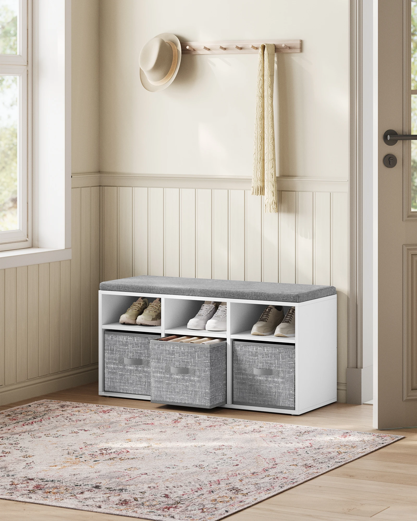 VASAGLE Schuhbank, Sitzbank, Schuh-Organizer mit 6 Fächern und 3 verstellbaren Ablagen, 3 Aufbewahrungsboxen