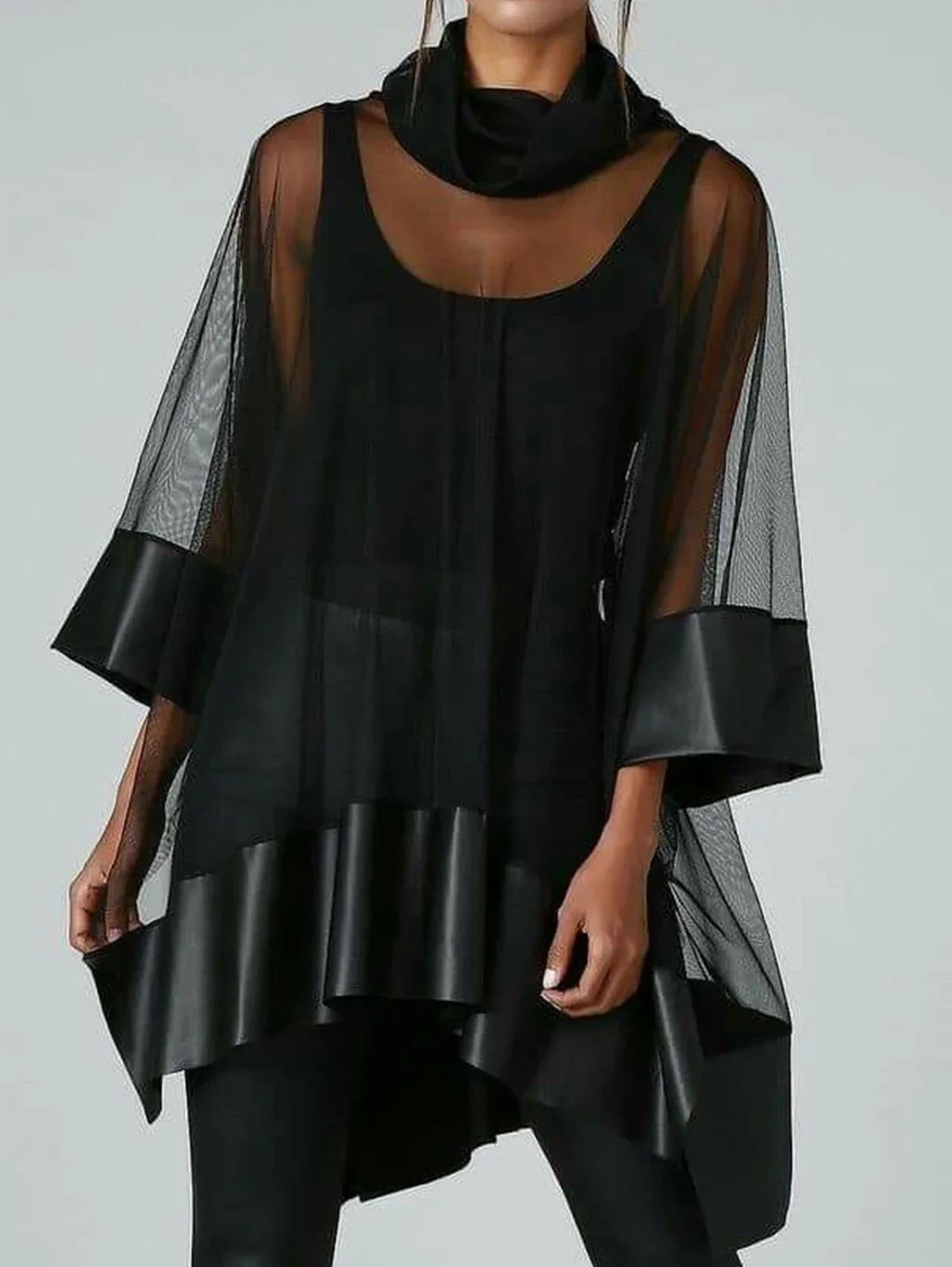 Mode Wasserfallausschnitt Durchsichtig Patchwork 3/4 Ärmel Unregelmäßiger Saum T Tops Harajuku Vintage Streetwear Lässige Elegante Shirts 2025