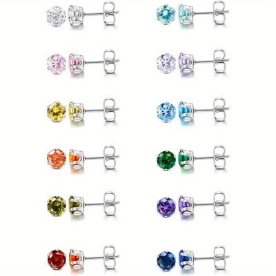 TEMU 12 Pairs Birthstone Cubic Zirconia Stud Earrings Set For Women - 316l Stainless Steel, Valentine's Day Party Earrings, No Hypoallergenic Round Cut Synthetic Zirconia Image