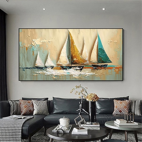 Handgefertigtes originales nautisches Ölgemälde „Segelboot" auf Leinwand, Wanddekoration, abstraktes Landschaftsgemälde für die Inneneinrichtung mit gespanntem Rahmen/ohne Innenrahmen Image