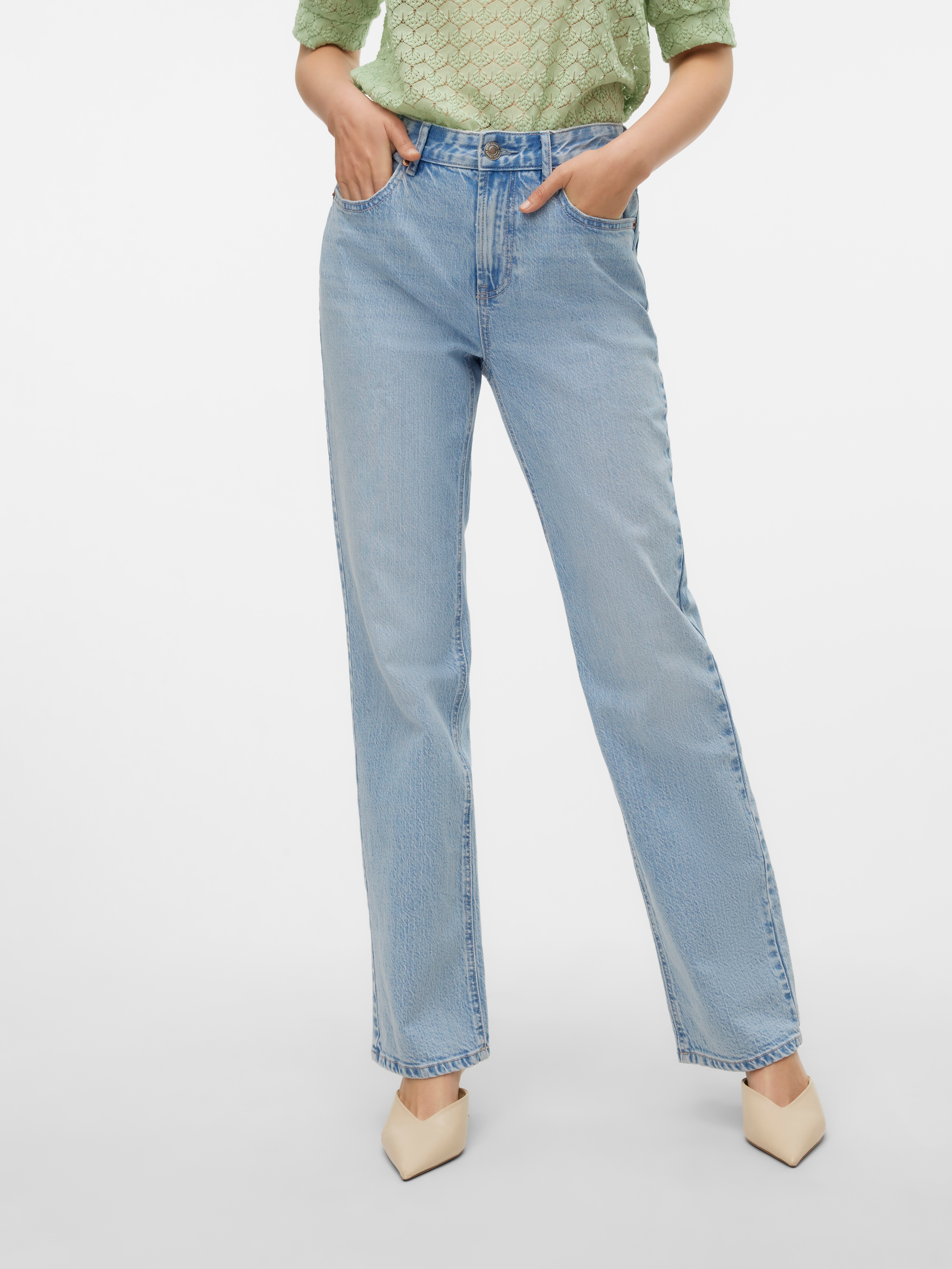 Straight-Jeans VERO MODA "VMTESSA HR STRAIGHT JEANS LI3010 GA NOOS", Damen, Gr. 29, Länge 34, blau (light blau denim), Denim/Jeans, Obermaterial: 99% Baumwolle, 1% Elasthan, unifarben, oversize knielang, Jeans Straight-Jeans